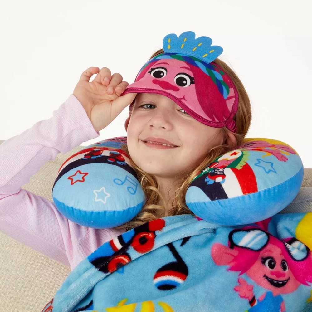 Trolls 3-Piece Kids' Character Travel Set with Neck Pillow, Throw, & Eye Mask